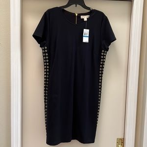 Michael Kors, black polyester & rayon dress with gold grommets XL